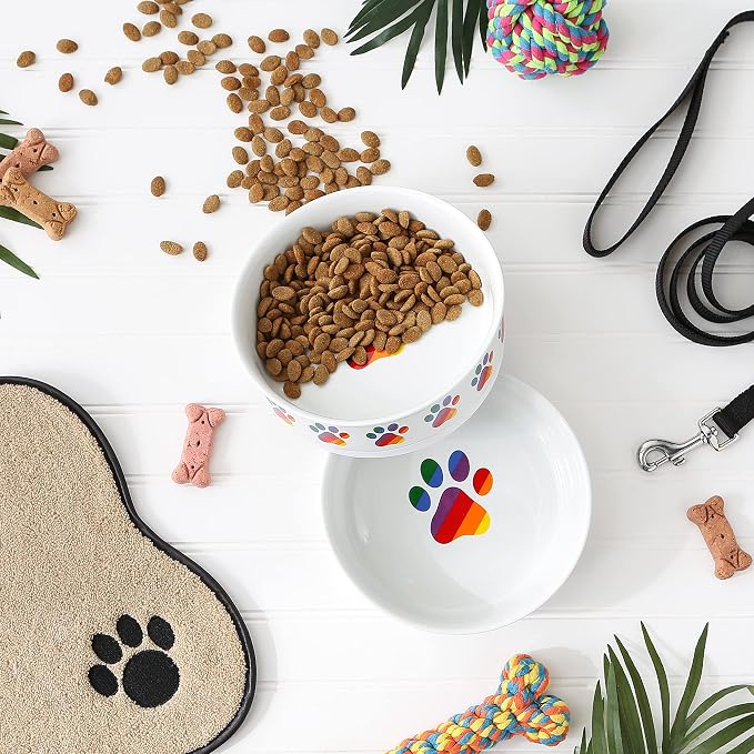 Bone Dry Ceramic Food Bowls, Non-Slip & Dishwasher Safe, Large Set, 7.5x2.4, Rainbow Paw, 2 Count