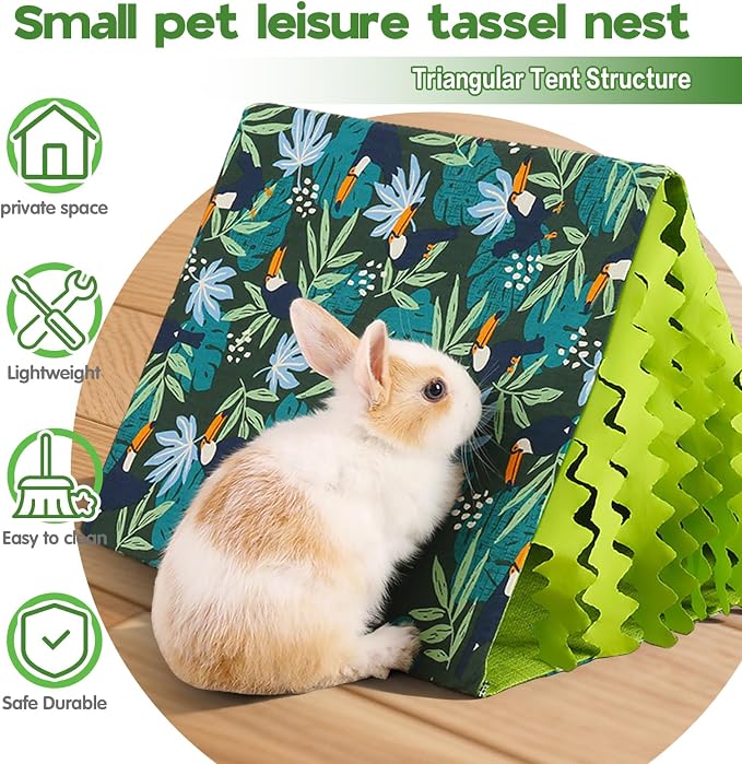 Hamster Hideout Tent with Curtain,Bunny Hideout, Machine Washable Guinea Pig Hide Tent Houses & Habitats, Triangular Hideout Shelter Small Animal Bed,Ferret, Rat, Chinchilla, Squirrel（Tassel）