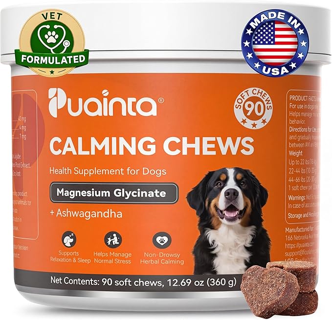 PUAINTA Dog Calming Chews – Magnesium Glycinate & Melatonin for Dogs, 4 Herbal Ingredients for Anxiety Relief, Stress & Travel Support, Chicken Flavor (90 Count)
