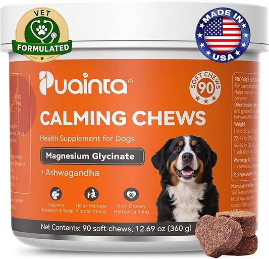 PUAINTA Dog Calming Chews – Magnesium Glycinate & Melatonin for Dogs, 4 Herbal Ingredients for Anxiety Relief, Stress & Travel Support, Chicken Flavor (90 Count)