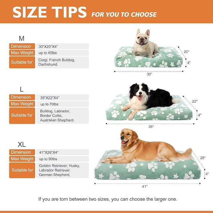 Dog Beds for Extra Large Dogs, Cute Thick Dog Bed for Crate Kennel, Fluffy Pet Bed with Removable Washable Cover and Anti-Slip Bottom, 41"x 28", Green Paw