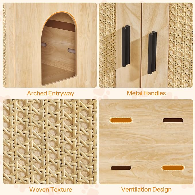 HOOBRO Farmhouse Cat Litter Box Enclosure, Hidden Litter Box Furniture with Side Entry & Vents, Litter Box Cabinet with Double Woven Doors, Side Table for Living Room, Bedroom, Natural NL33MW01