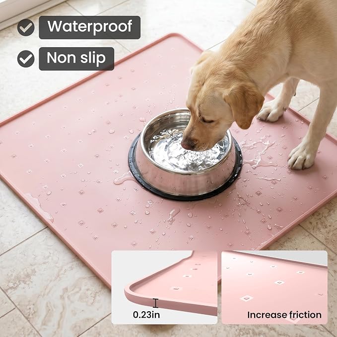 Silicone Pet Feeding Mat, 26x26 Inch Waterproof Dog Bowl Mat – Non-Slip, Machine Washable, Thin 0.28 Inch Edge for Messy Eaters, Protects Hardwood & Tile Floors, Pink