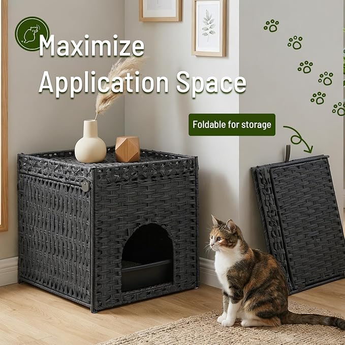 Neti Neti Cat Litter Box Enclosure Furniture, A Calm Enclosed Space Chosen by Cats, Handwoven Rattan Hidden Cabinet with 2 Removable Mats, Large Foldable Design for Indoor Use, Small, Grey