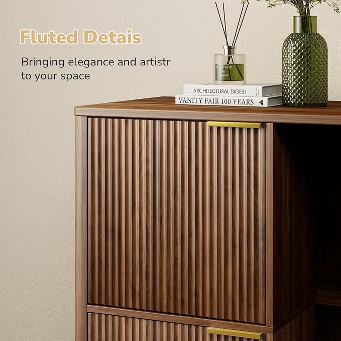Rovibek Double Cat Litter Box Enclosure Furniture, Fluted Hidden Litter Box Enclosure for 2 Cats with Double Room, Mid Century Dual Cat Litter Cabinet with Scratching Post, Dangling Ball, Walnut