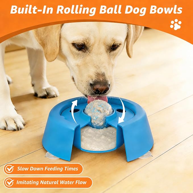 Slow Feeder Dog Bowls, Dog Lick Bowl with Built-in Rolling Ball for Wet Food, Bone Broth & Yogurt, Non-Slip Base, Interactive Enrichment Toy for Safe & Fun Feeding (Blue)