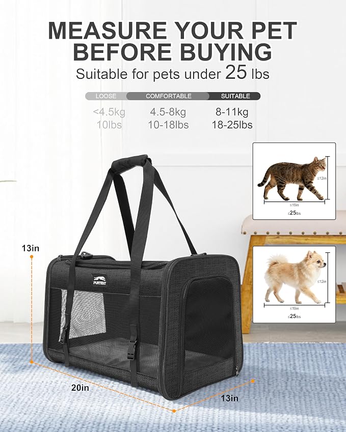 Soft-Sided Large Cat Carrier for 2 Cats, Spacious Foldable Pet Travel Carrier for Large Cats up to 25 Lbs, Double Cat Bag with Shoulder Strap, 20x13x13 Inch, Fits Maine Coon and Small Dogs, Black