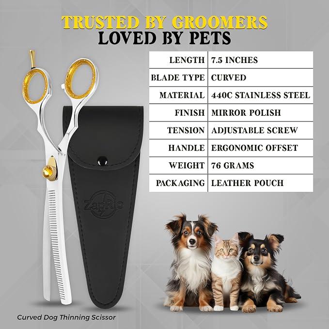 7.5” Curved Thinning Shears for Dogs and Cats – 34 Tooth Professional Pet Grooming Scissors – Smooth, Quiet Blending Shears for Face, Ears, Chest and Legs, Ergonomic Design for Home and Pro Use