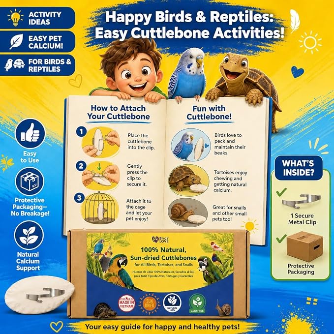 Birds LOVE 5.5-6″ Cuttlebone for Birds – 100% Natural Sun-Dried Calcium & Beak Conditioning Supplement for Parakeets, Budgies, Cockatiels, Finches & Canaries – 3 Pack with Holder – Made in Vietnam