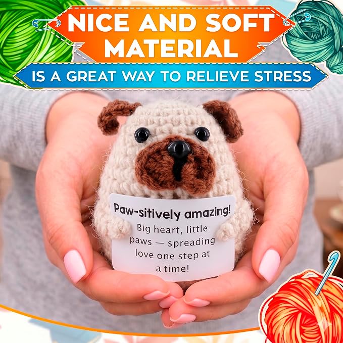 Reluen Crochet Dog, Big Heart Little Paws Handmade Puppy Crochet Animal with Inspirational Affirmation Card, Cute Crochet Desk Buddy Decor Gift for Dog Lovers Women Men Mom Daughter Friend Coworker