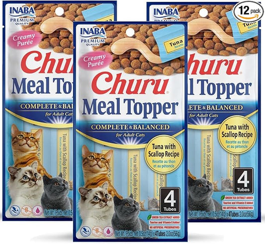 INABA Churu Meal Topper for Cats, Complete & Balanced, Creamy, Lickable Purée Cat Food Topper, 0.5 Ounce Tube, 12 Tubes (4 per Pack), Tuna with Scallop Recipe