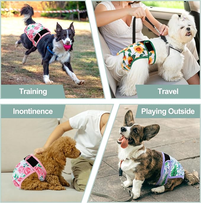 Washable Female Dog Diapers - Premium Reusable Diapers for Doggie in Heat - Highly Absorbent Dog Diapers Female for Pet Incontinence with Adjustable Snaps Sunflower, XL