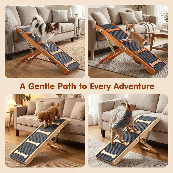 Pawaboo 2026 Upgraded Dog Ramp for Couch, Foldable Small Dog Ramp for Sofa with 7 Adjustable Heights from 2.2'' to 18.5", Portable Non-Slip Pet Ramps for Couch Sofa, Walnut