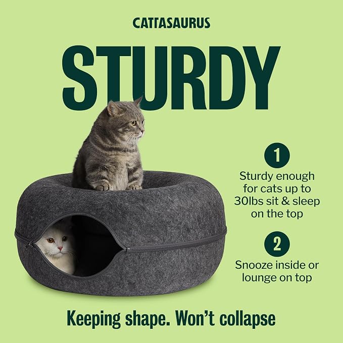 Cattasaurus Peekaboo Cat Cave Donut for Multiple & Large Cats up to 30-45 lbs, 3-in-1 Self Warming Cat Bed, Tunnel & Scratcher for Indoor Cats, Washable & Detachable (Dark Gray + Dark Gray, Large)