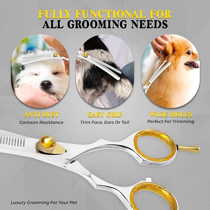 7.5” Curved Thinning Shears for Dogs and Cats – 34 Tooth Professional Pet Grooming Scissors – Smooth, Quiet Blending Shears for Face, Ears, Chest and Legs, Ergonomic Design for Home and Pro Use
