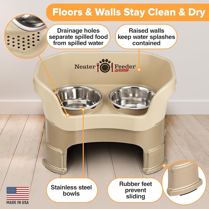 Neater Feeder Deluxe Mess Proof Dog Bowls Elevated for Medium Sized Breeds – Made in USA – No Spill Raised Slow Feeder Elevated Dog Bowl Stand, Stainless Steel Food and Water Bowl Set, Cappuccino