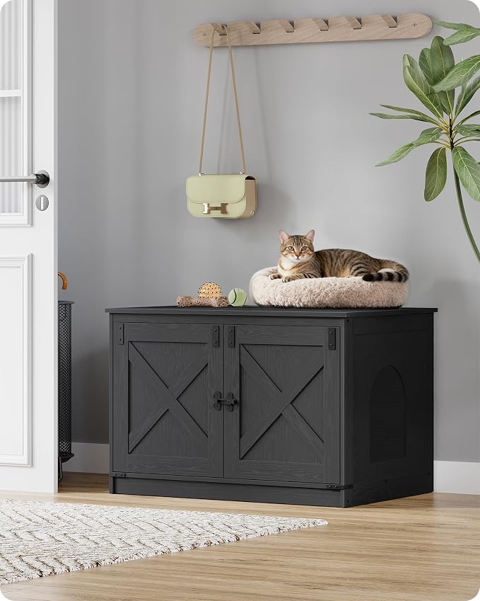 Hzuaneri Cat Litter Box Enclosure with Cushion, Hidden Litter Box Furniture with Removable Dividers, Reversible Entrance Left or Right Side, Cat House, Black CB84604X