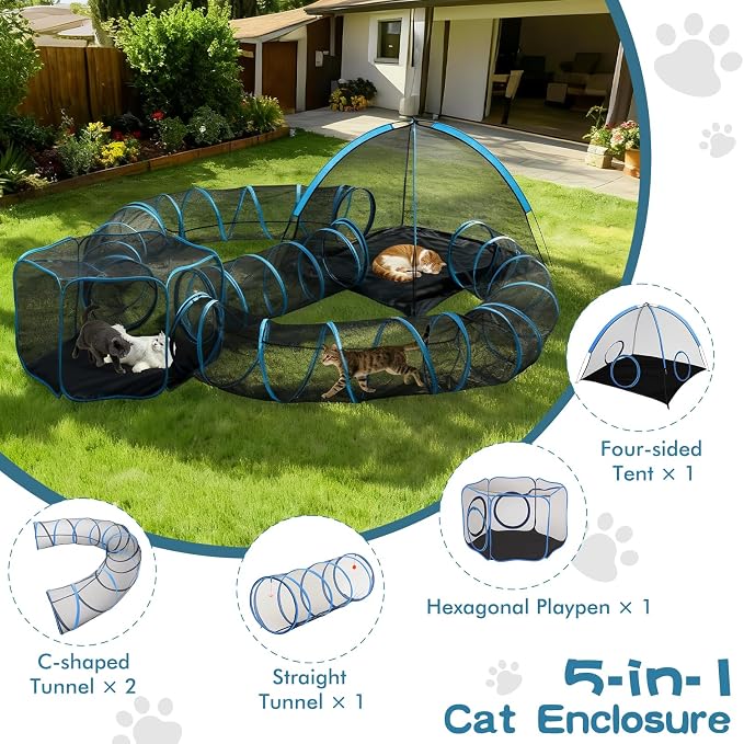 Outdoor Cat Enclosure, 5-in-1 Cat Tent Outdoor Pet Playpen with Tunnel, Portable Catio Play Pen for Outside and Indoor cat Enclosure with Storage Bag for Kitty and Small Animals