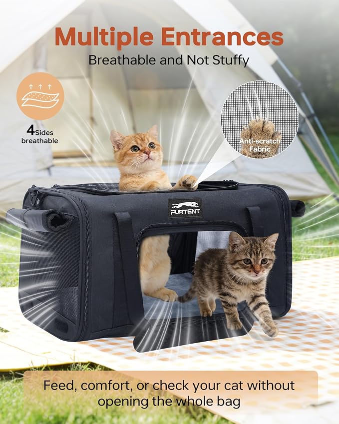 17x11x9.5 Pet Carrier Airline Approved, Cat Carrier with Litter Box, Soft Sided Cat Dog Carrier Up to 15 lbs, Breathable Travel Pet Carrier with Calming Curtain, Storage Bag & Poop Dispenser, Black