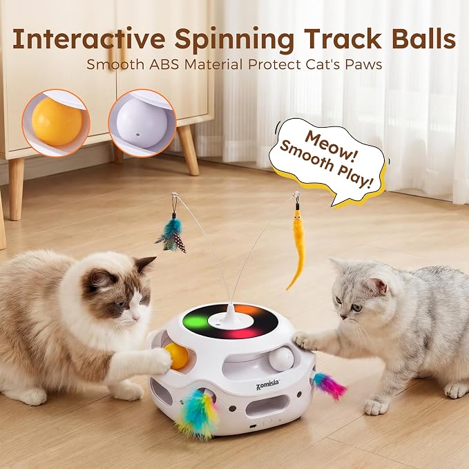 ZOMISIA 4 in 1 Automatic Interactive Cat Toy, Rechargeable Cat Toys for Indoor Cats with Fluttering Teasing Sticks, Trackballs, Shooting Feathers and Bird Chirping for Bored Indoor Adult Cats