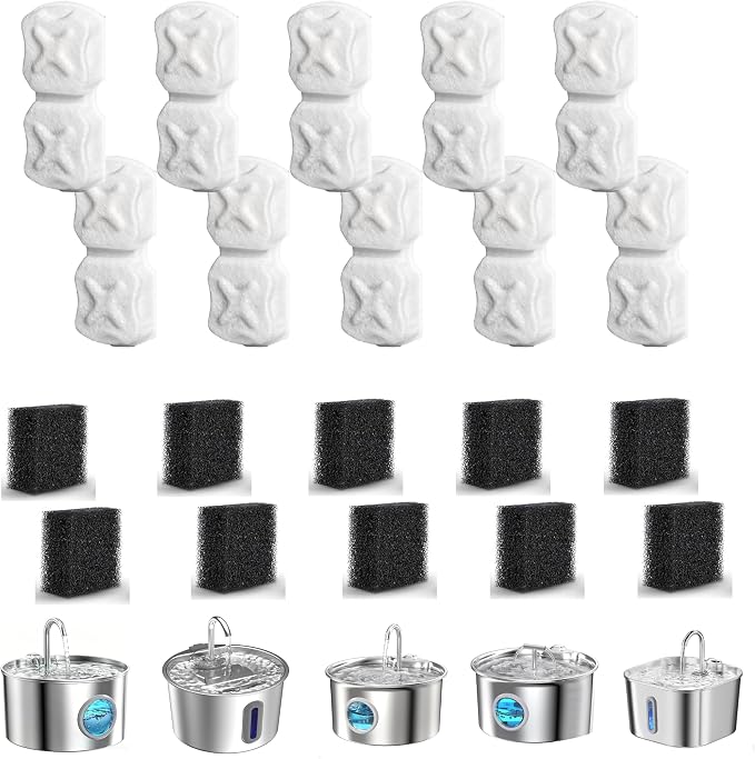 Cat Water Fountain Filter,20p Pet Water Fountain Filter Replacement Screen for 74oz/2.2L Stainless Steel Water Dispenser- 10 Carbon Filters & 10 Foam Filters，4-Layer Filtration Systems