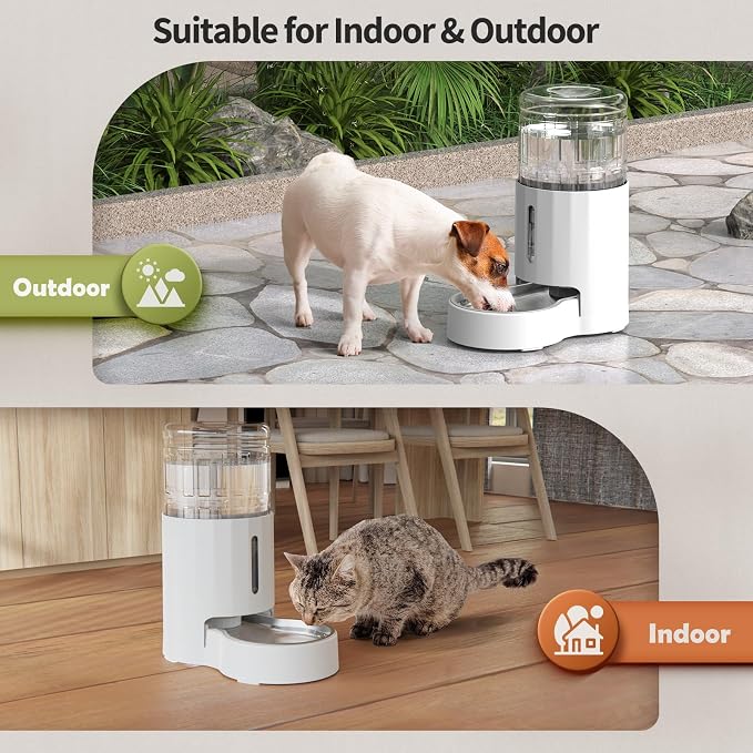 JUNSPOW Cat Water Dispenser with Stainless Steel Bowl, Automatic Gravity Water Dispenser for Cats or Small Medium Size Dogs, Large Capacity, Easy to Clean and Safe for Pets (4L White)