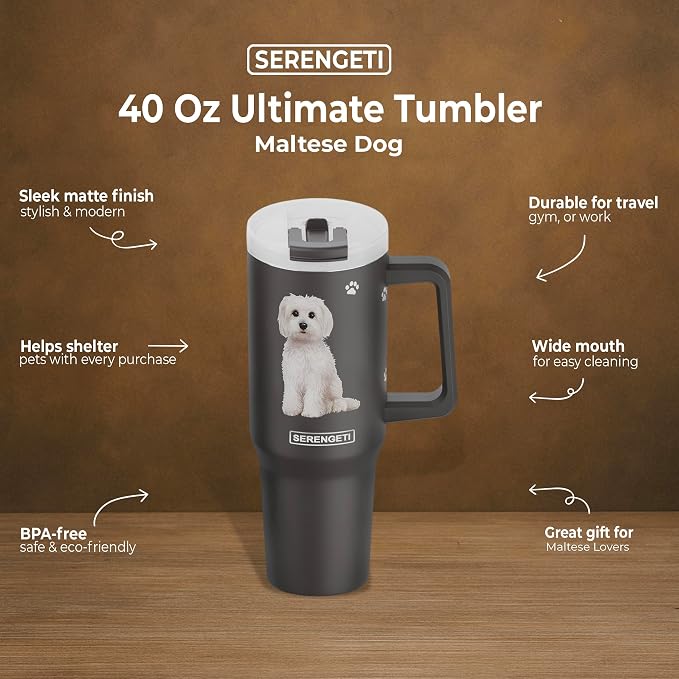 E&S Pets SERENGETI 40 Oz Ultimate Tumbler with Handle and Straw - Vacuum Insulated Tumbler with Straw and Lid - Stainless Steel Travel Mug for Pet Lovers - 3D Designs of your favorite Dog (Maltese)