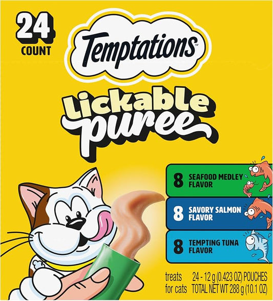 Temptations Creamy Puree Squeezable Lickable Cat Treats, Wet Cat Treats with Tuna, Salmon, and Seafood Medley Variety Pack, 0.42 oz. Tubes, 24 Count