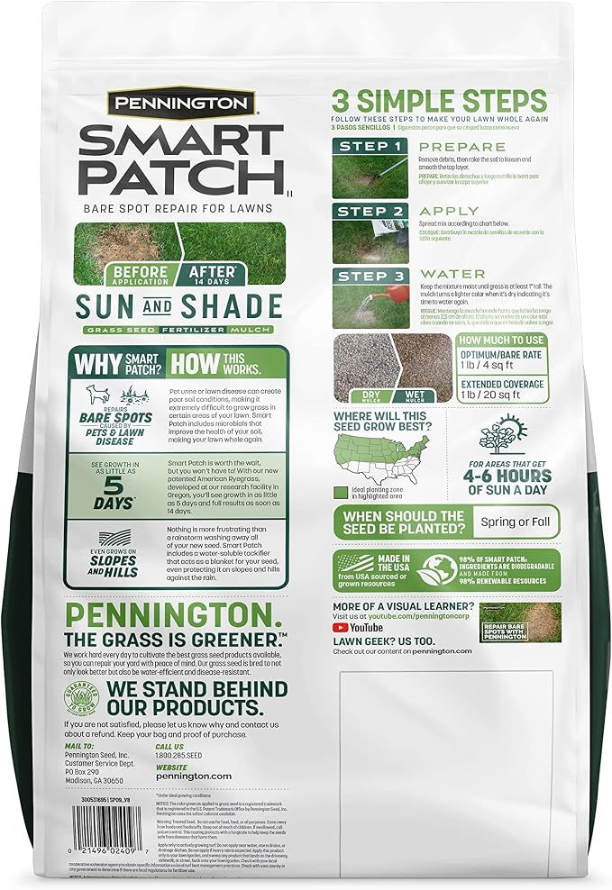 Pennington Smart Patch Grass Seeds for Lawn, Sun and Shade Lawn Grass Repair Mix, 10 LB