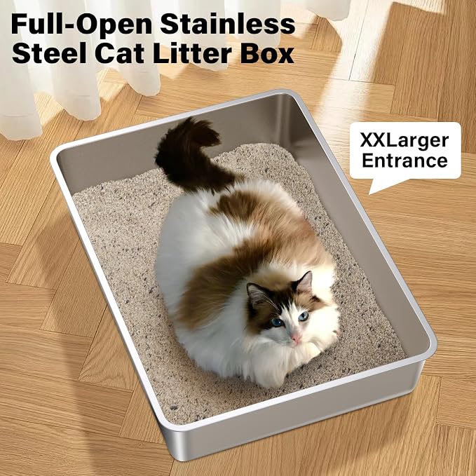 XXXL Stainless Steel Litter Box, Steel Litter Box 28" X 20" X 6" No Smell, Extra Large Metal Litterbox for Big Cat, Multiple Cats, Non Stick, Easy Cleaning