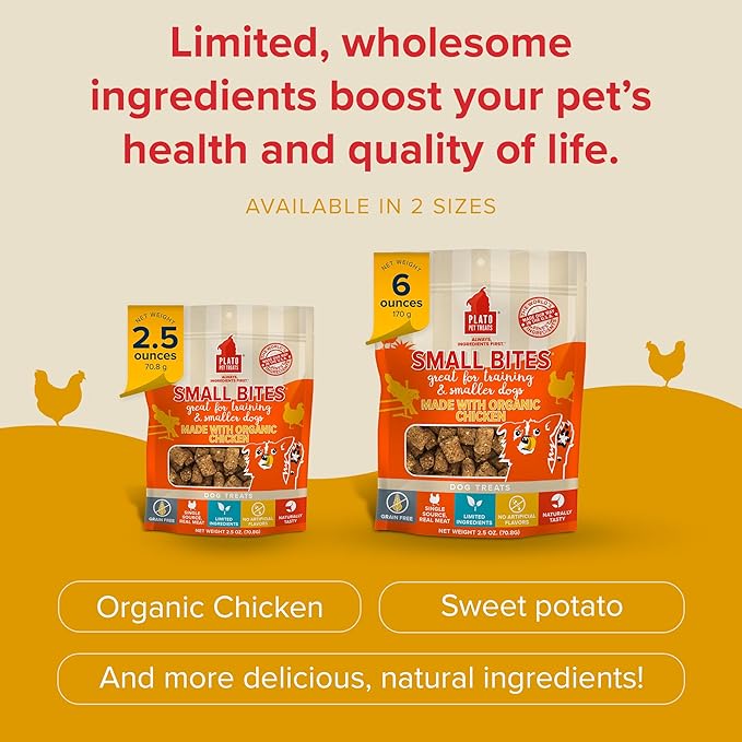 PLATO Pet Treats Small Bites - Air-Dried Training Treats for Dogs - Supports Healthy Digestion - Limited Ingredients - Organic Chicken 6oz - 2 Pack
