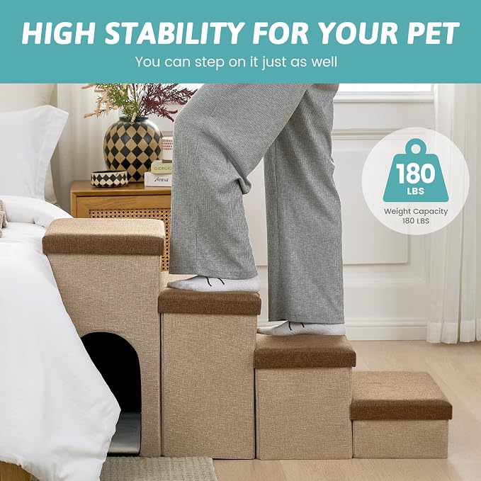 Dog Stairs with Storage, 4-Step Wider Sturdy Dog Steps for Small/Medium/Large Dogs and Older Cats, Doggie Ramp with Condo for Bed/Couch/Car Hold Up to 180 lbs (22.6" H, Brown)