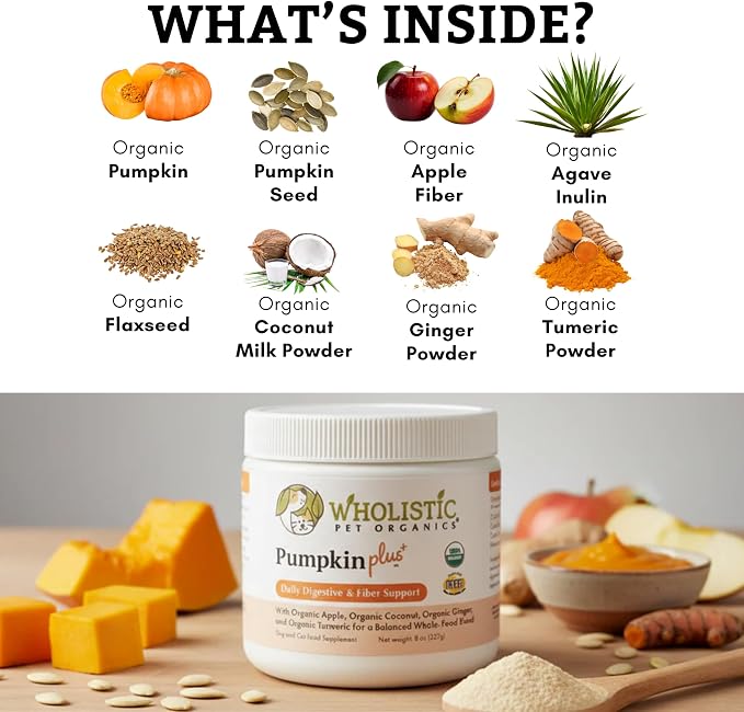 Wholistic Pet Organics Pumpkin Powder for Cats & Dogs - Fiber Supplement Helps with Digestion, Nutrient Absorption, Diarrhea, Constipation - Organic Pumpkin for Dogs & Cats - Puree Food Topper - 8 oz