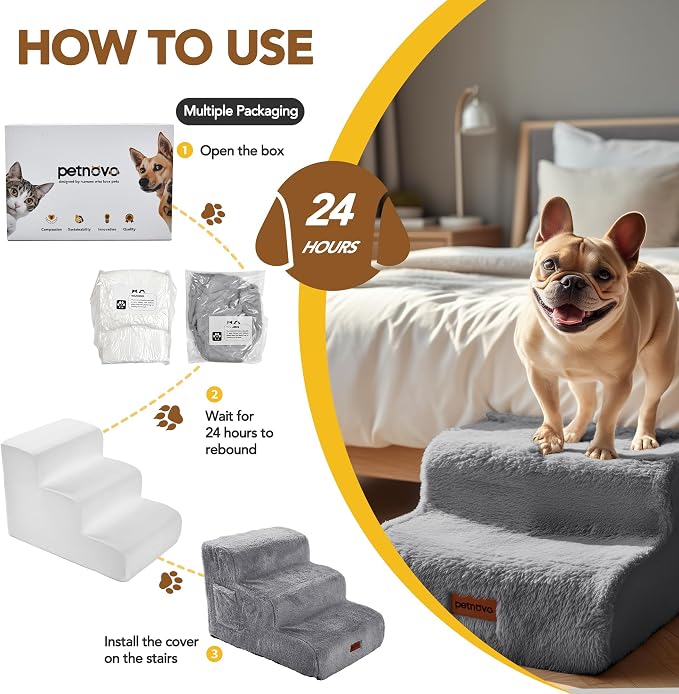 PETNOVO Dog Stairs for Couch and Sofa, 2-Step Dog Steps for Small Dogs, Faux Fur Non-Slip Foam Pet Stairs, Washable Cover, 15.7" D x 15.7" W x 11.8" H, Gray