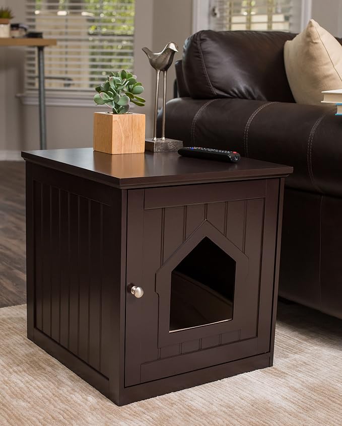 BIRDROCK HOME Cat Litter Box Furniture Enclosure - Hidden Kitty Litter Cat House with Hinged Door, Nightstand, Side Table & Pet Crate, Indoor & Outdoor Wood Cabinet for Small Cats and Dogs - Espresso