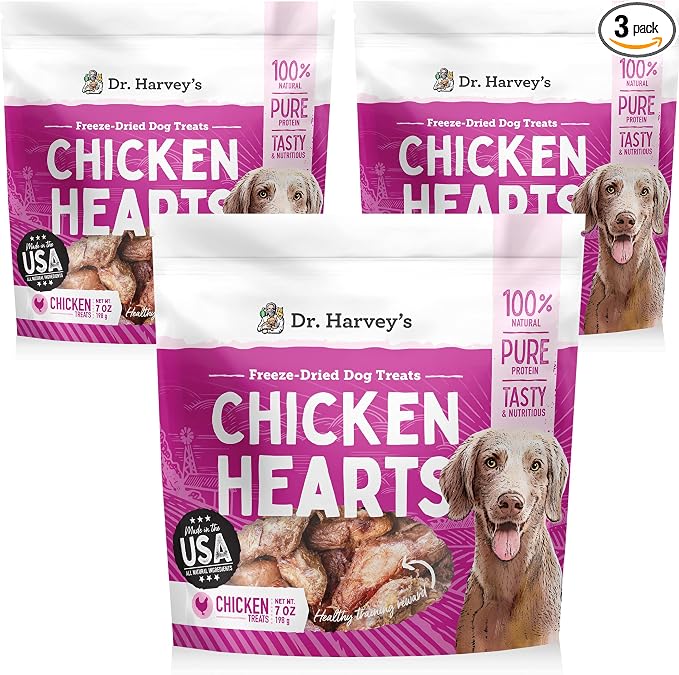 Dr. Harvey's Freeze-Dried Chicken Hearts - Training Dog Treats, Single Ingredient, All-Natural USA Sourced Protein, Allergen-Free - 7 Ounces (Pack of 3)