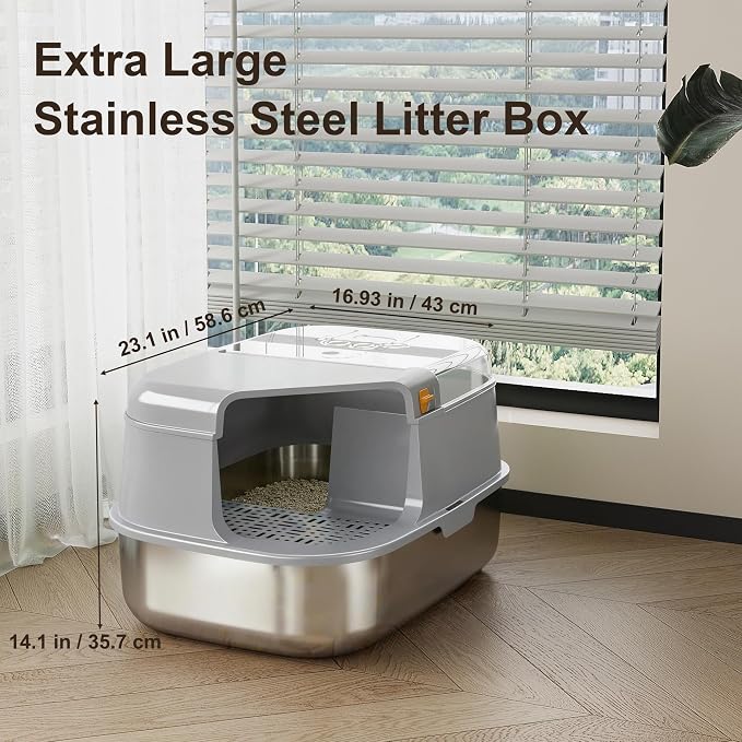 3-in-1 Convertible Cat Litter Box, ABS + Stainless Steel Pan, Enclosed Low Entry High Sided Box with Litter Trapping Grid, 23.1x16.93x14.1 Inch, for Senior Kittens & Large Cats（Grey）