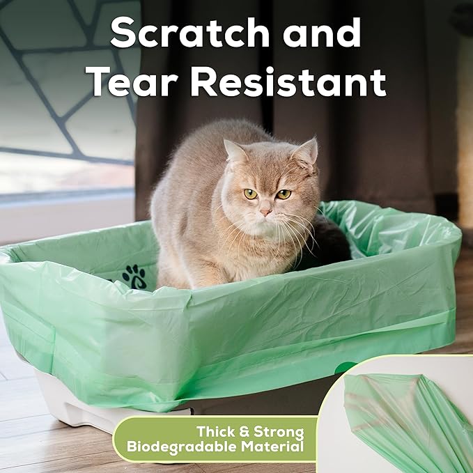 Cat Litter Box Liners 100% Compostable - Drawstring Close - 6 Count - Jumbo Size 36" x 19" - Tear & Leak Resistant - OK Compost Home Certified