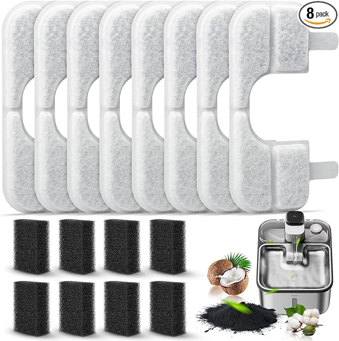 8 Pack Replacement Filters & 8 Pump Filter Sponges for Qinliy Q108 123oz/3.5L Stainless Steel Cat Water Fountain Filter Replacement