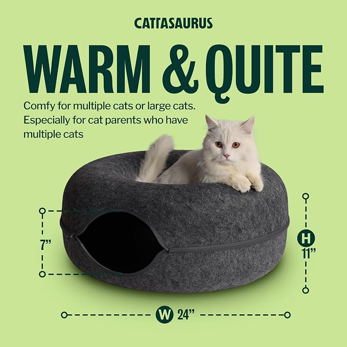Cattasaurus Peekaboo Cat Cave Donut for Multiple & Large Cats up to 30-45 lbs, 3-in-1 Self Warming Cat Bed, Tunnel & Scratcher for Indoor Cats, Washable & Detachable (Dark Gray + Dark Gray, Large)