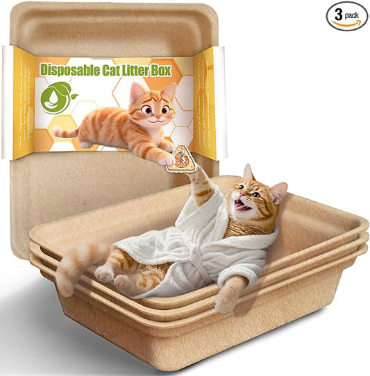 Disposable Litter Boxes for Cats Leak-Proof: 3-Pack Odor Control Sustainable Large Kitty Tray for Travel/Indoor Use