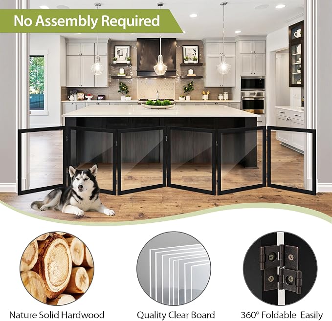 LZRS Extra-Wide Clear Dog Gate for Indoor Use - Transparent Pet Fence with Solid Hardwood and Plastic Board, Stylish & Durable freestanding Pet Gate for Doorways, Stairs and Hallways-6 Panel Black