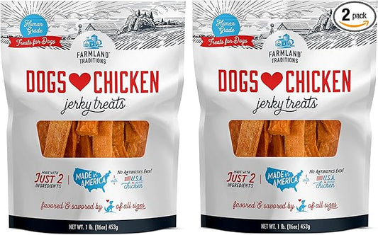 Farmland Traditions Dogs Love Chicken Jerky Dog Treats, Premium Two-Ingredient Dog Jerky with USA-Raised, Human-Grade Chicken & No Antibiotics Ever, 1 Pound (Pack of 2) Bag.