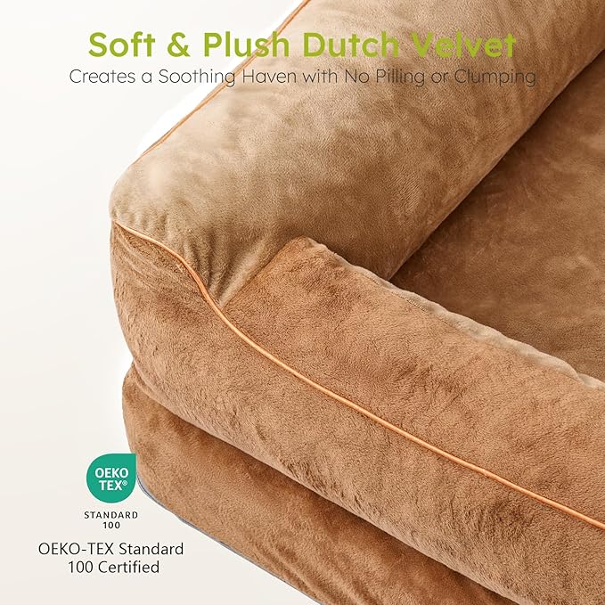 CWAWZ XXL Dog Bed for Extra Large Dogs, Giant Orthopedic Dog Bed with Cooling Gel Memory Foam, Waterproof Pet Bed with Removable Washable Cover, 53" Pet Sofa Bed Dutch Velvet with Bone Toy, Brown