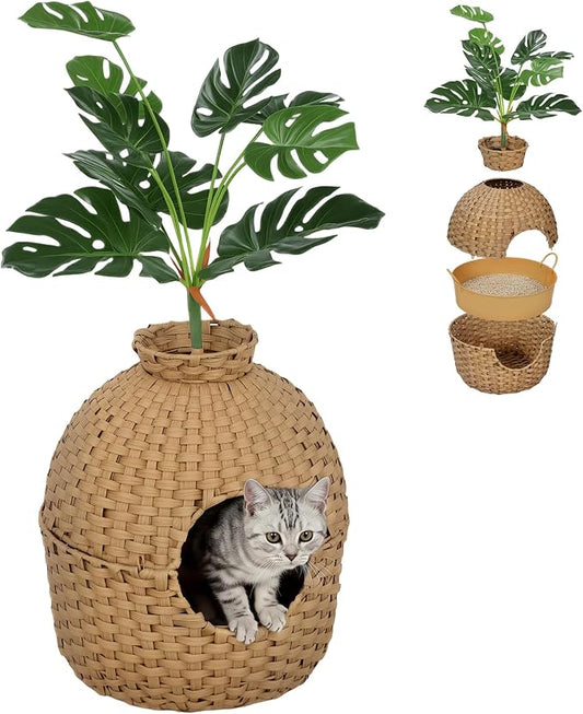 PawHut Hidden Cat Litter Box Plant Furniture Enclosure with Faux Plant & Stainless Steel Tray, Decorative Rattan Planter Cat Bed, Real Stones, for Bedroom, Living Room, Corner