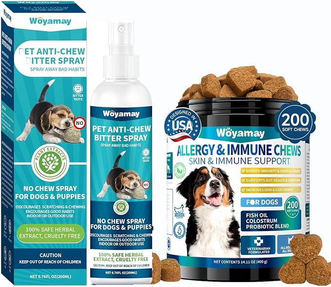 Woyamay Dog Allergy Relief & No Chew Spray Bundle - 200 Anti-Itch Chews with Omega 3, Turmeric & Bitter Apple Spray for Licking, Chewing & Skin Irritations - Itch & Behavior Control