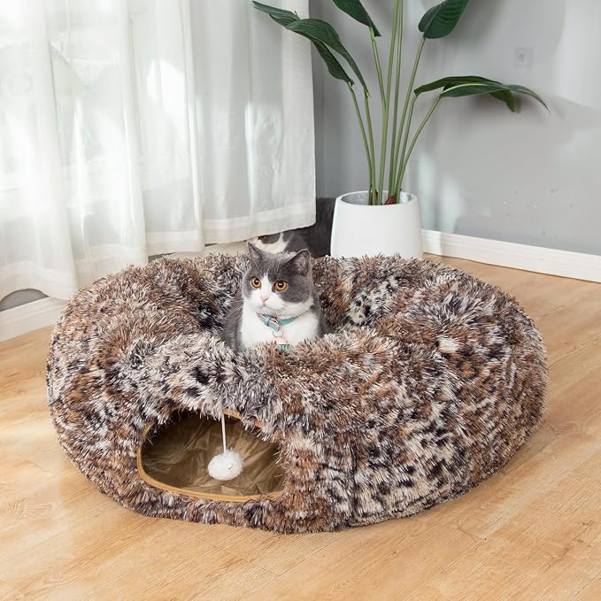 Warm Fluffy Plush Cat Tunnel Bed with Washable Cushion- Big Tube Playground Toys 3 FT Diameter Collapsible, for Indoor Cat Kitty Kitten Puppy Rabbit Ferret Leopard Print