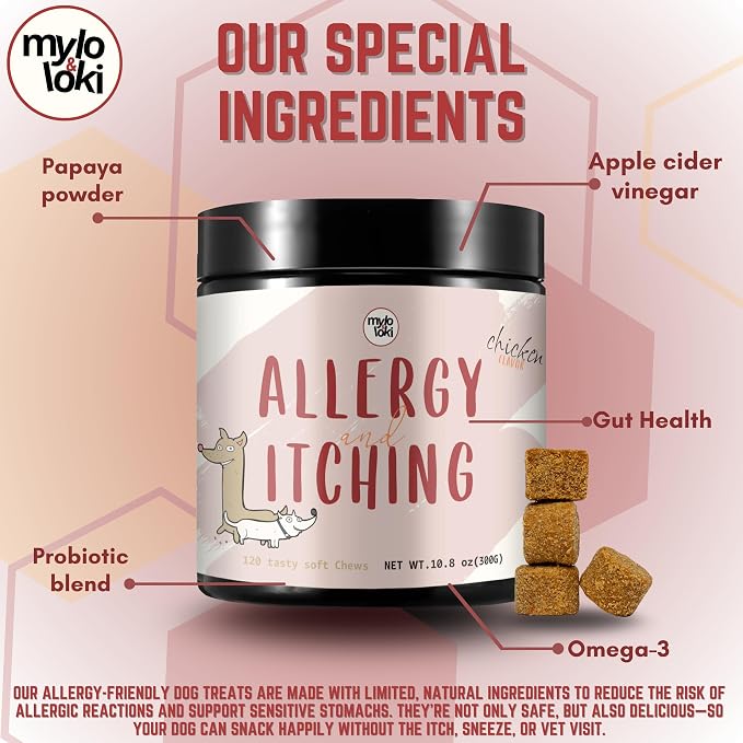 Mylo&Loki- Allergy & Itching Relief Chews for Dogs – Chicken Flavor, 120 Soft Chews – Supports Seasonal Allergy Relief, Itchy Skin, Coat Health, Digestive & Immune Support.