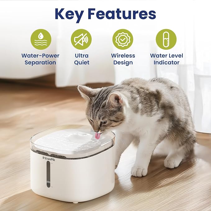 PawsPik NOVA-01 Wireless Cat Water Fountain, Rechargeable Cordless Cat Drinking Fountain with Water-Power Separation, Motion Sensor & Continuous Flow, Filtered Automatic Cat Water Dispenser, White