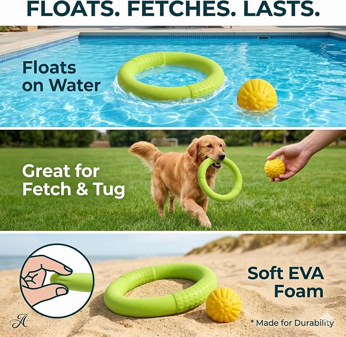 Dog Ring Ball Set Green Large Floating Fetch Toy for Large Dog | Durable EVA Dog Toy Ring and Ball Combo Set, High-Visibility Green Fetch Toys for Large Dogs